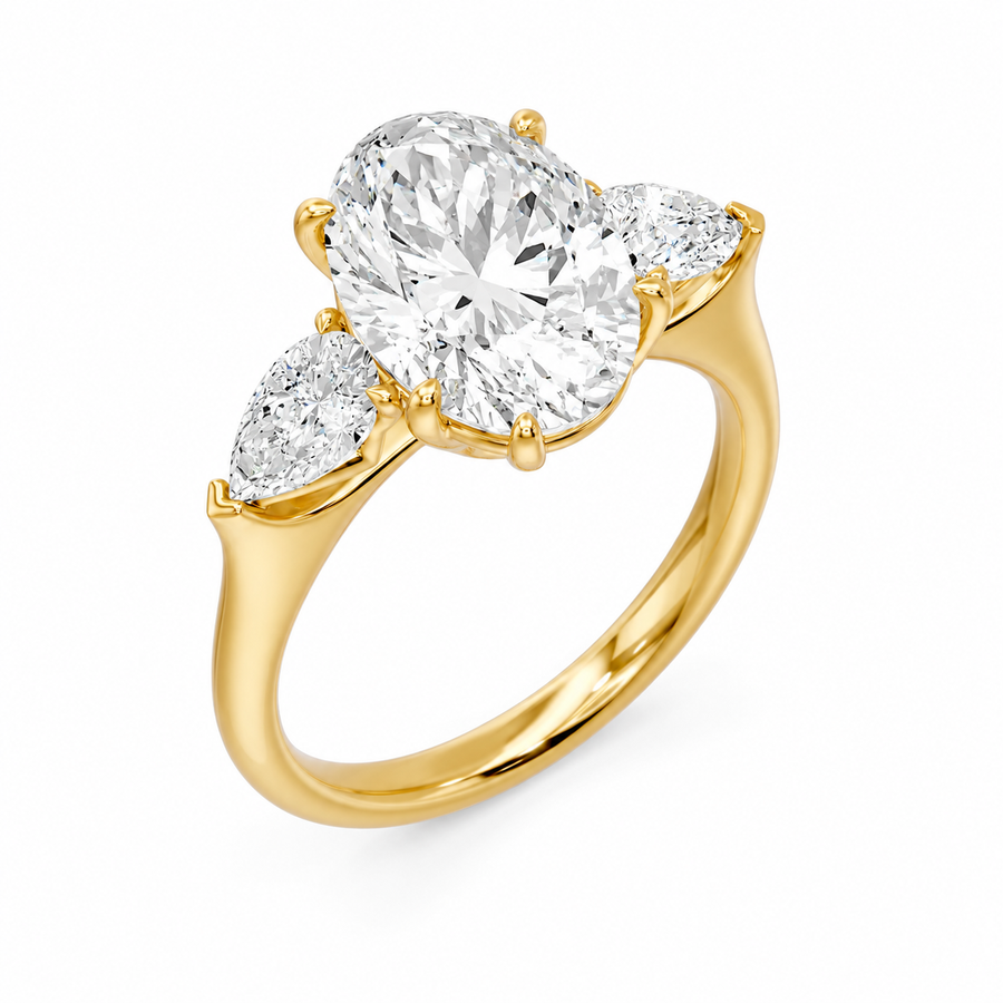Oval Solitair and 2 Pear - 3 Stone Ring - 4.44 cts